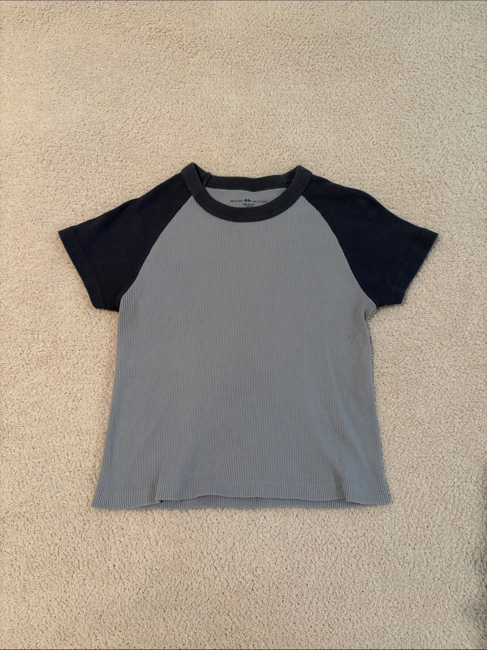 Brandy Melville Ribbed Short Sleeve Tee - Light Blue and Navy